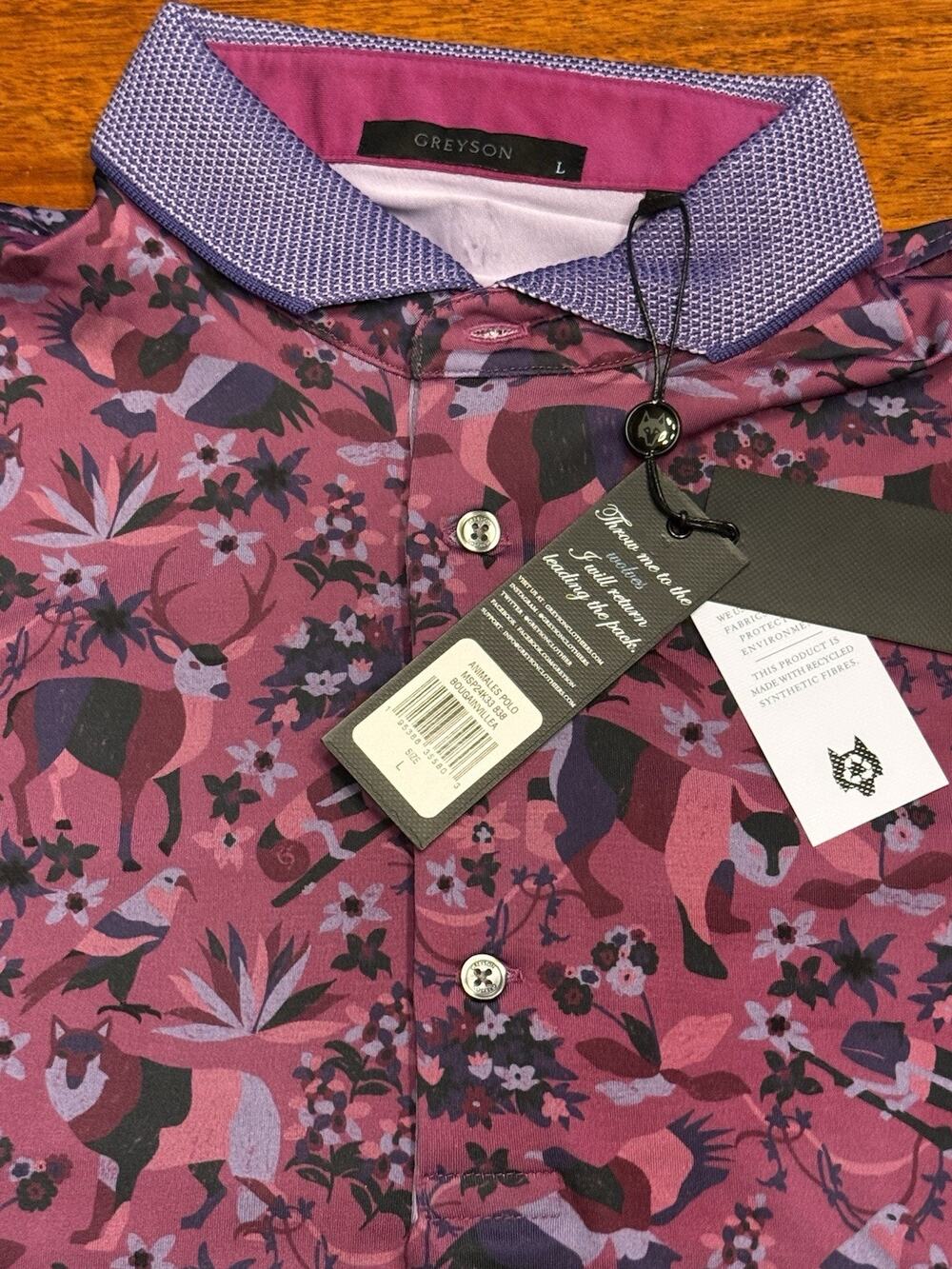 Size L Greyson Animals Polo Purple Pink Wildlife Golf Shirt NWT Performance